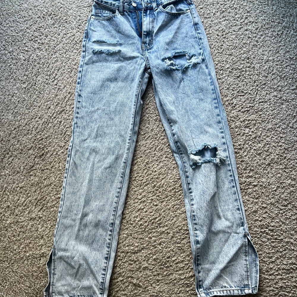 Pretty Little Thing Ice Blue Distressed Split Hem Jeans